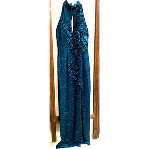 Graceful Alyce Design Dark Teal Beaded Halter Dress hei8076